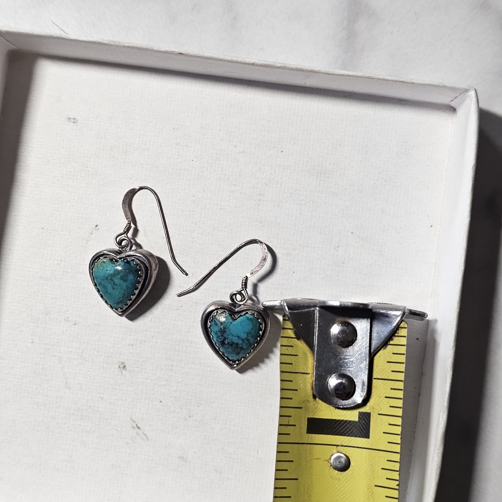 Sterling Silver 925 With Turquoise Heart Drop Earrings - Picture 2 of 4
